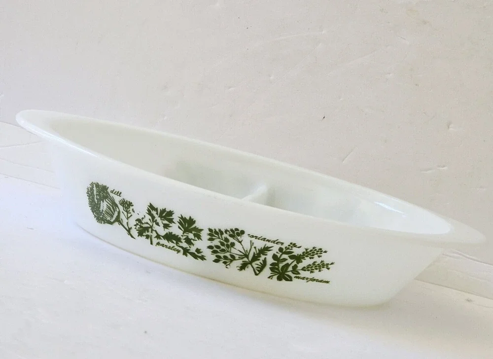 Glasbake Milk Glass Divided Casserole Dish Green Herb Design Vintage Kitchen
